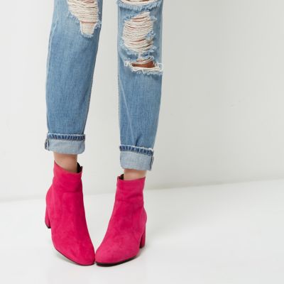 Bright pink suede block heel ankle boots